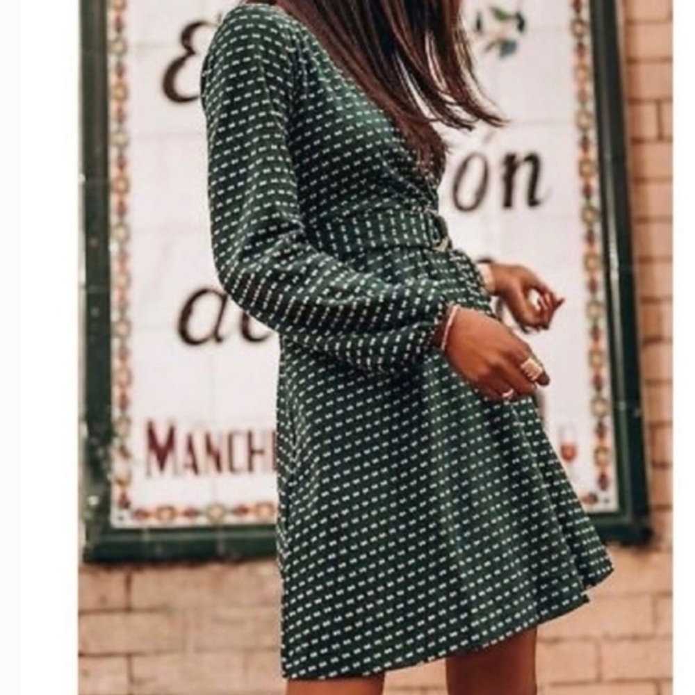 Anthropologie x Maeve-Forest Green Malta belted dress with white polka dots.S - Picture 2 of 12